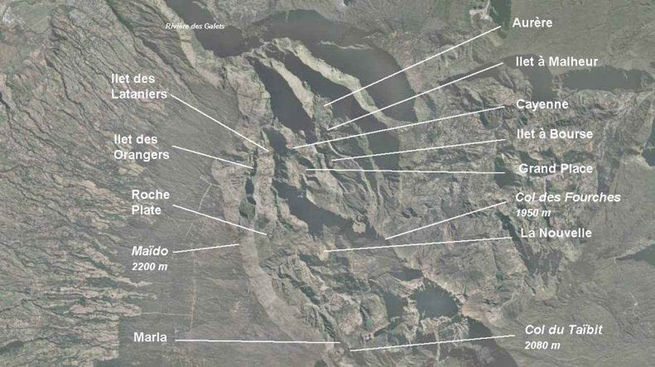 Carte des îlets du cirque de Mafate (La Réunion)